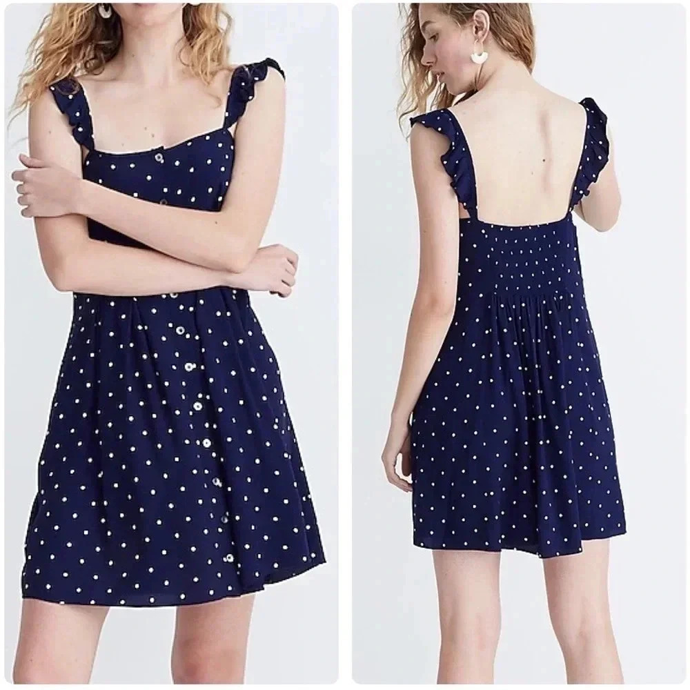 MADEWELL | Ruffle-Strap Button-Front Navy Retro Polka Dot Dress Size 2